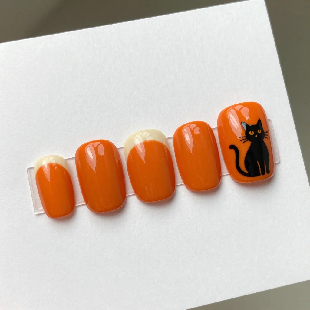 Halloween nail art — a set of five press-on tips of graduating length painted a deep pumpkin orange, the longest carrying a fine black cat silhouette with its tail curling over the free edge, the others plain with a single black tip line, finished in thick high-shine gel that domes slightly at the centre of each tip, photographed under soft even daylight arriving from camera-left with the tonal balance held bright so a long clean reflection runs down every nail