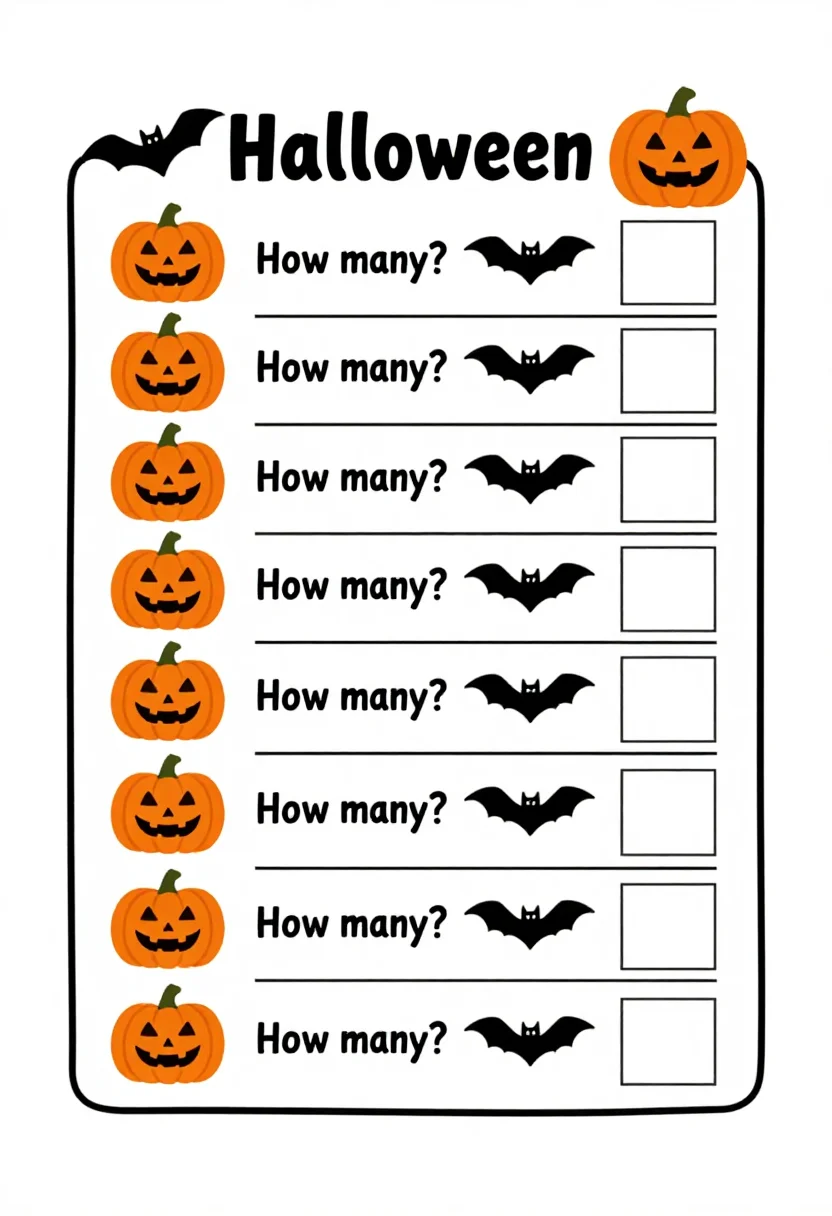 Halloween worksheets — A worksheet with rows of drawn pumpkins and bats to count and a blank box beside each row, lettered "How many?", classic halloween printable, bat and pumpkin silhouettes, playful spooky lettering, print-ready