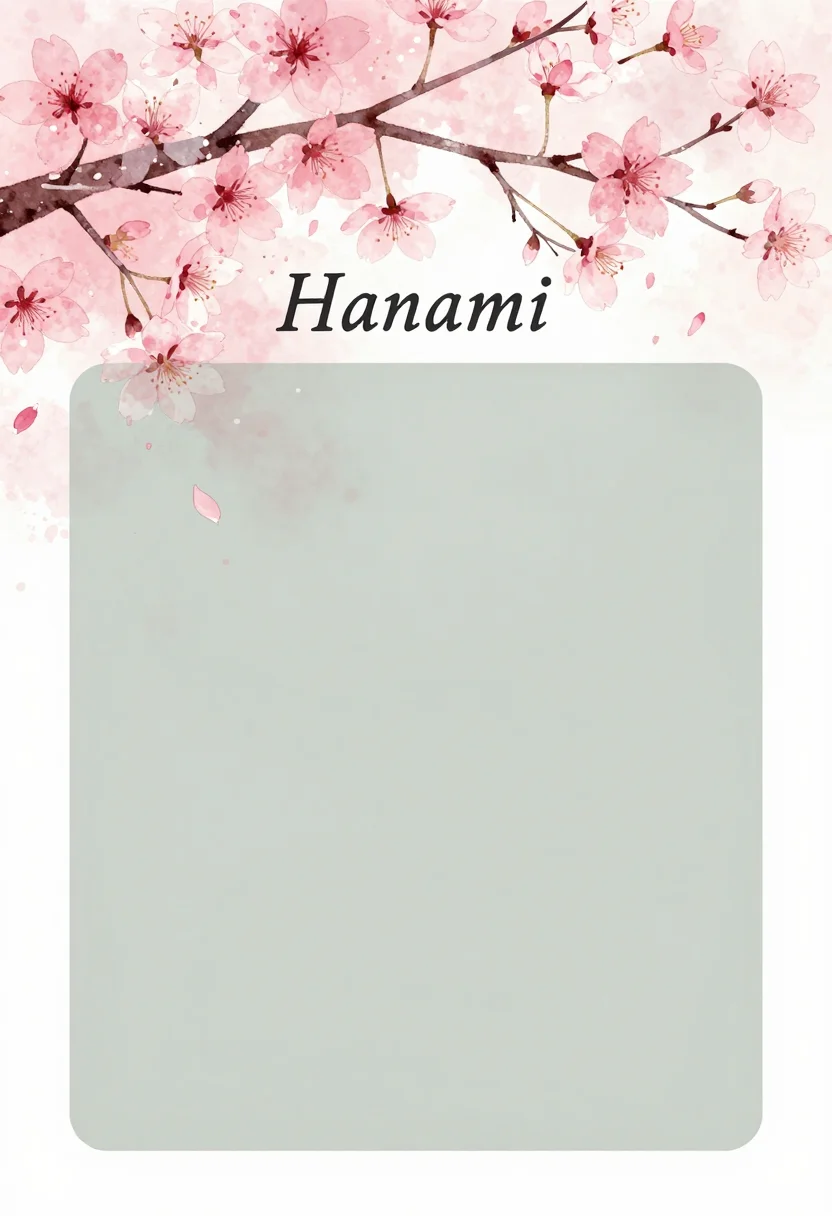 Hanami invitations — a canopy of pink cherry blossom across the top of the card with petals falling, "Hanami" lettered beneath it, and a large clear empty panel for the date and place, soft watercolor, pale washes of blossom bleeding at the edges, fine brush lettering