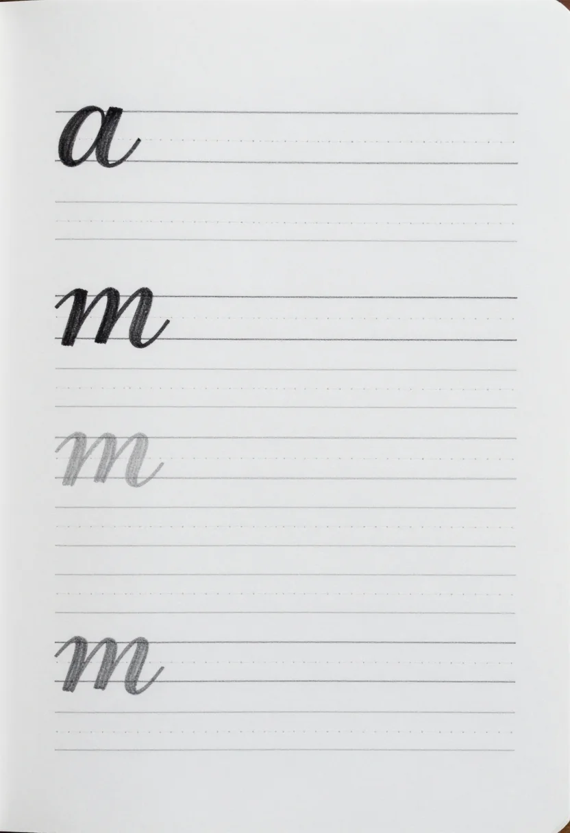 Hand lettering practice sheets — a faux calligraphy practice page, the lowercase "a" to "m" written in monoline script with the downstrokes thickened by a second line, grey to trace, and an empty ruled row under each, light grey dot grid, thin grey letters to trace and empty dotted rows to repeat on, like a bullet journal page