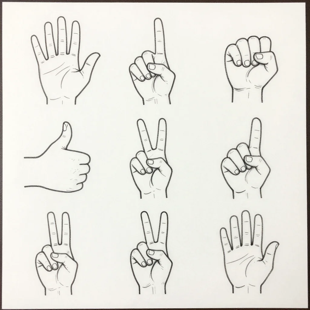 Hand pose references — a grid of nine hands, an open palm, a pointing finger, a fist, a thumbs up, a peace sign, a relaxed hand, each with the knuckles and creases drawn, a clean contour line drawing, the knuckle creases and joint folds marked with short lines and the nails drawn