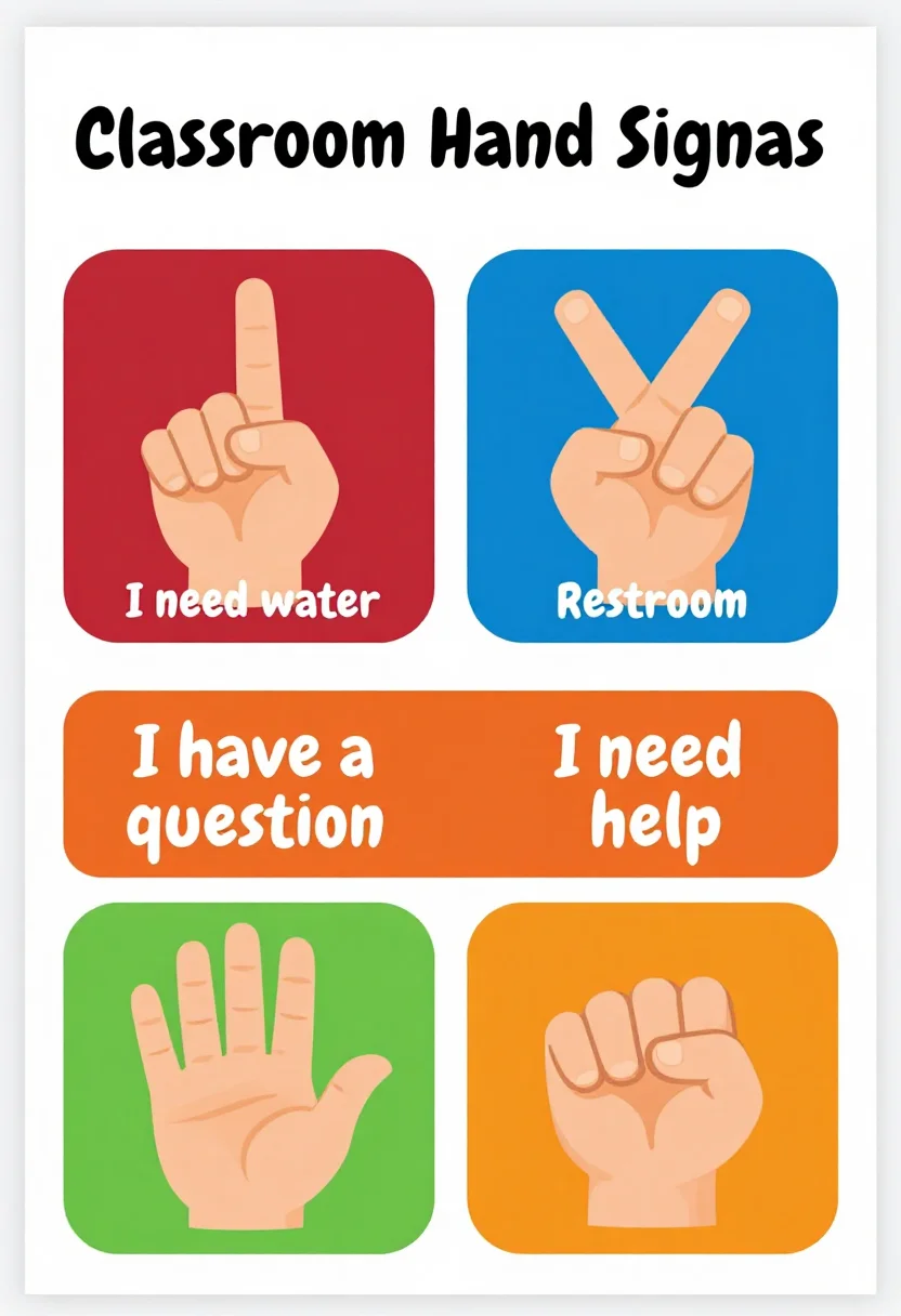Hand signals posters — a chart titled "Classroom Hand Signals" with four panels, each showing one child's hand making a signal and its label: one finger up "I need water", crossed fingers "Restroom", a raised open hand "I have a question" and a closed fist "I need help", bright flat vector classroom clip art, bold rounded shapes with a thin dark outline, smooth gradient-free fills