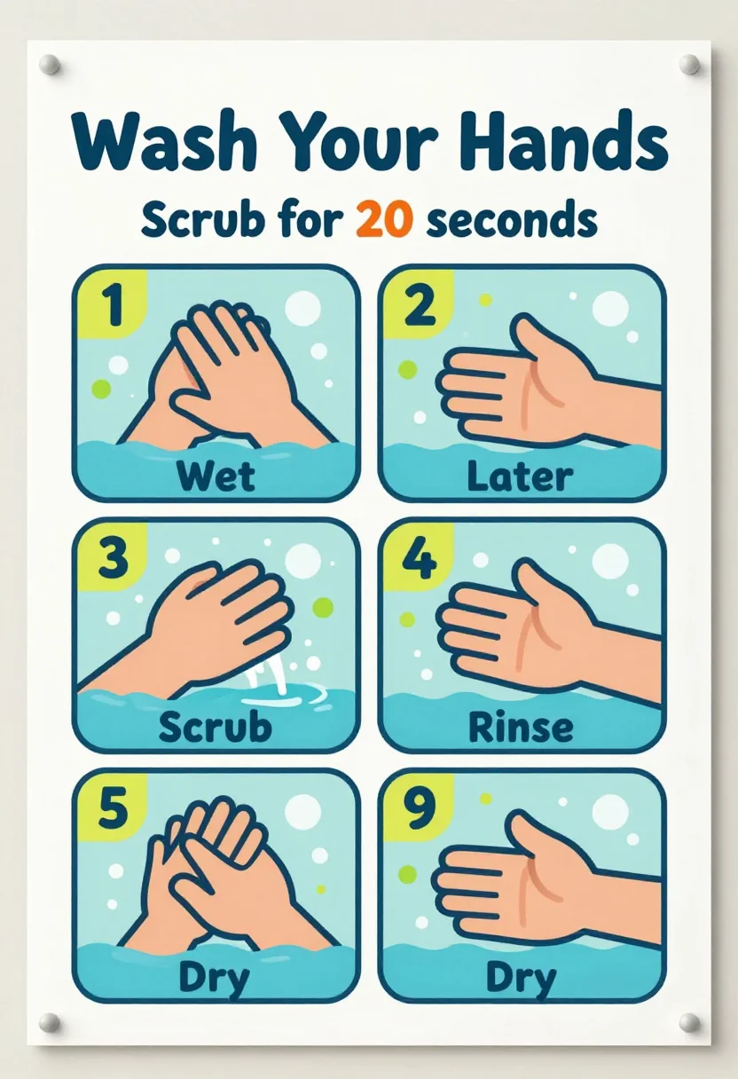 Handwashing posters — a poster titled "Wash Your Hands" with five numbered panels of simple drawn hands at a tap captioned "Wet", "Lather", "Scrub", "Rinse" and "Dry", and a line "Scrub for 20 seconds", bright flat cartoon clip art for a school washroom, bold rounded shapes with a thin dark outline, smooth gradient-free fills