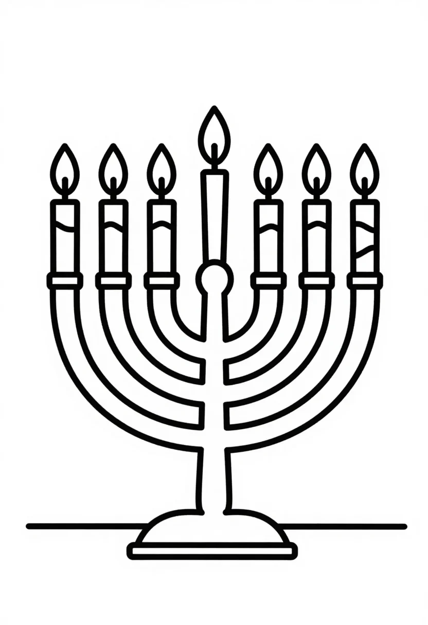 Hanukkah coloring pages — a Hanukkah menorah with eight candles in a row and the shamash raised in the middle, all nine flames lit, standing on a windowsill, drawn for little children with extra-thick uniform outlines and a few big simple shapes