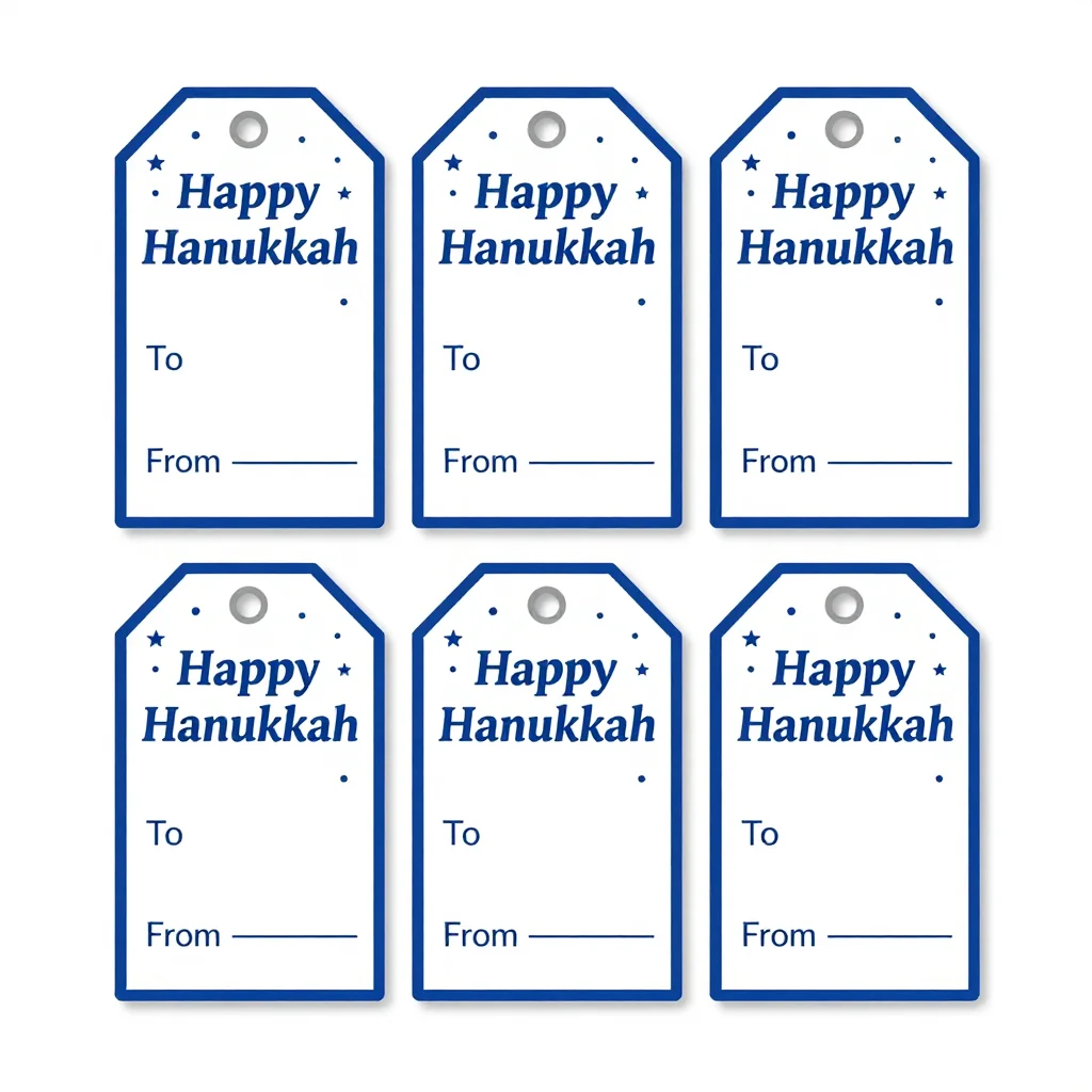 Hanukkah gift tags — a sheet of six gift tags in a 2 by 3 grid, each with a punched hole, "Happy Hanukkah" lettered at the top and two writing lines marked "To" and "From", a crisp blue-and-white treatment with a simple printed pattern of stars and dots and clean serif lettering