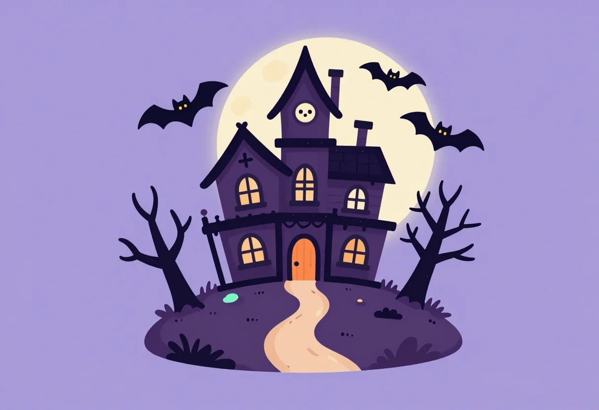 Haunted house scenes — A haunted mansion on a hill with a crooked path, bare trees and a full moon, bats, no text, kawaii spooky illustration, rounded shapes, soft outlines, friendly faces