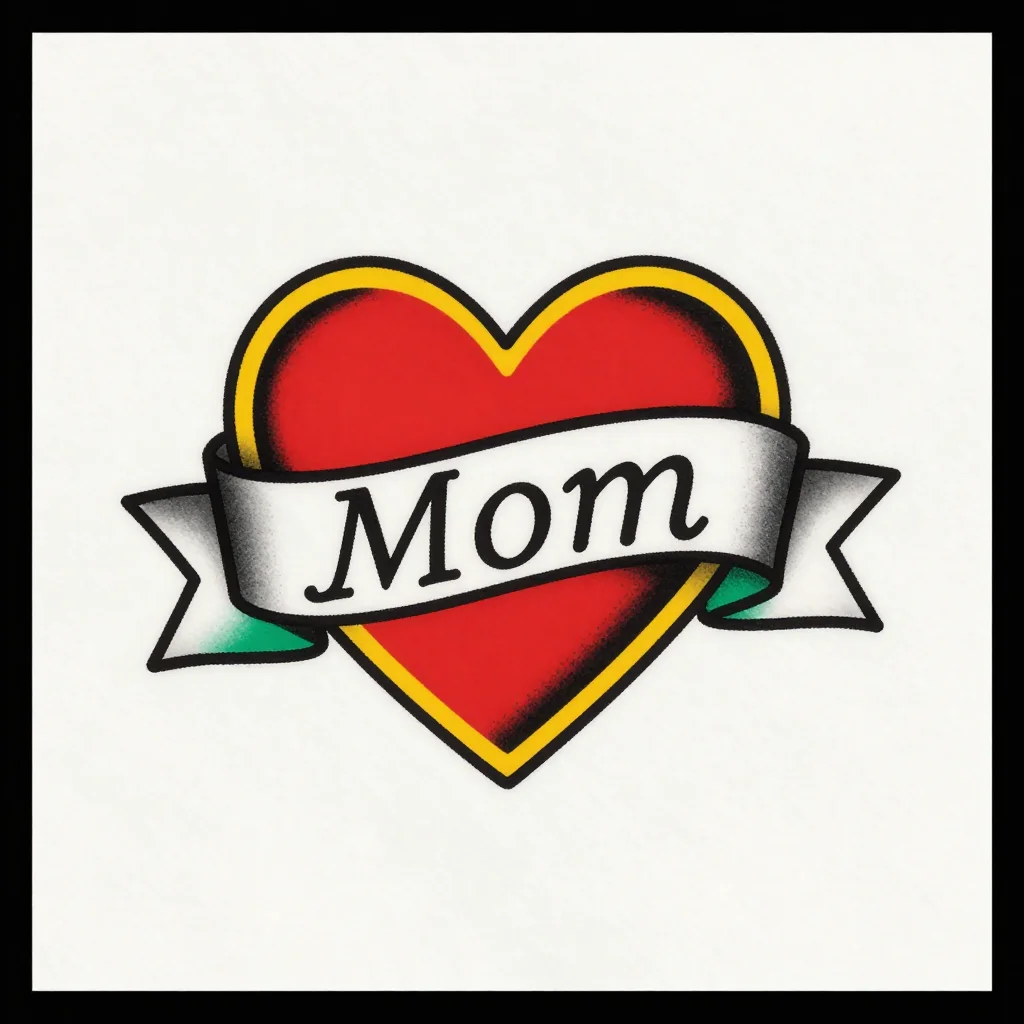 Heart tattoos — a classic heart with a ribbon banner across the middle, the banner lettered "Mom", American traditional tattoo flash, bold black outlines, heavy black shading and a limited flat palette