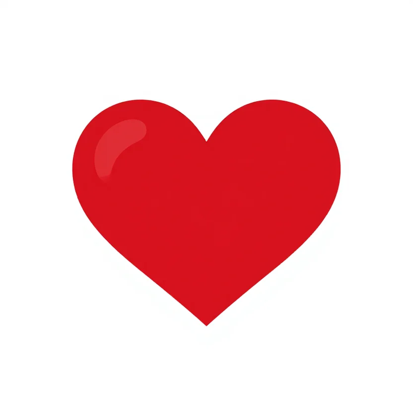 Hearts — A single symmetrical heart shape centred on a plain ground, slightly rounded lobes, a soft highlight, nothing else., flat vector illustration, bold simplified shapes, limited palette, white ground