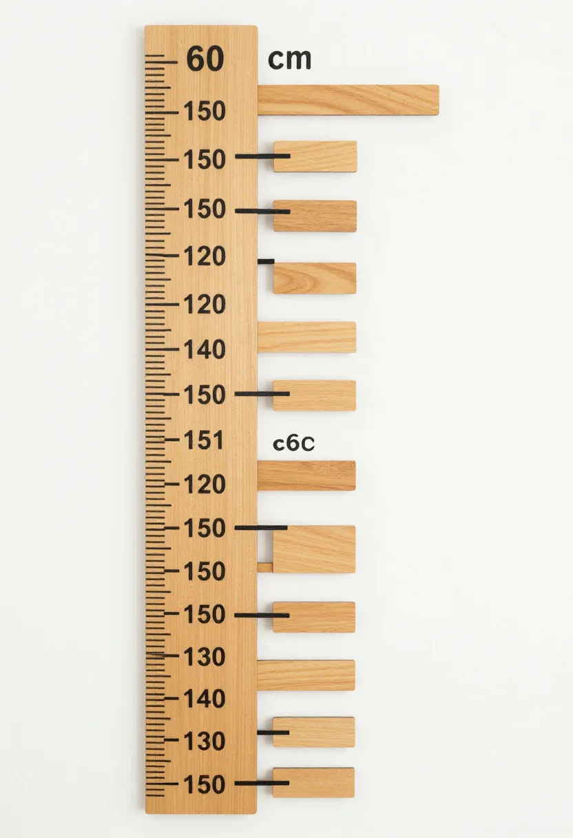 Height charts — a tall wooden-ruler growth chart with tick marks and the numbers "60" to "150" every 10 centimetres, a "cm" label at the top and a few blank name tags beside the marks, classic wooden yardstick look, a printed wood grain with crisp black markings and simple rounded numerals