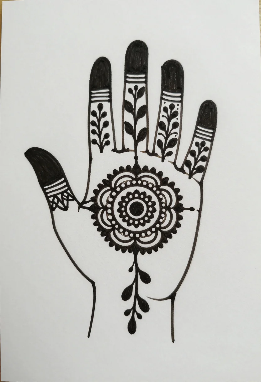 Henna hand templates — an open palm carrying a round mandala at its center, every fingertip capped with a solid band and a short vine running down the thumb, a sparse first-timer pattern in bold even strokes, a few large motifs set well apart with wide empty areas between them