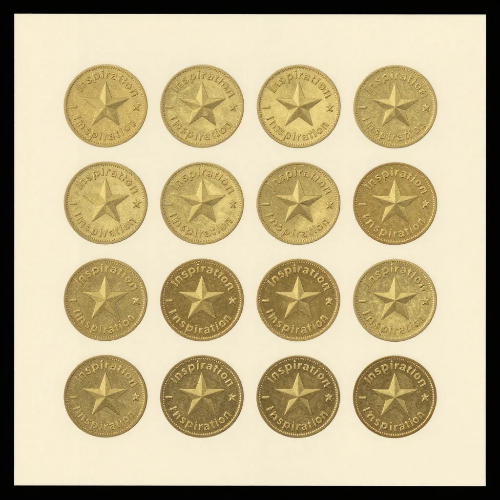Hero point tokens — a printable sheet of twelve round tokens in a 3 by 4 grid with circular cut lines, each with a star emblem and the word "Inspiration" curved along its rim, embossed gold coin tokens with a raised rim and engraved emblem