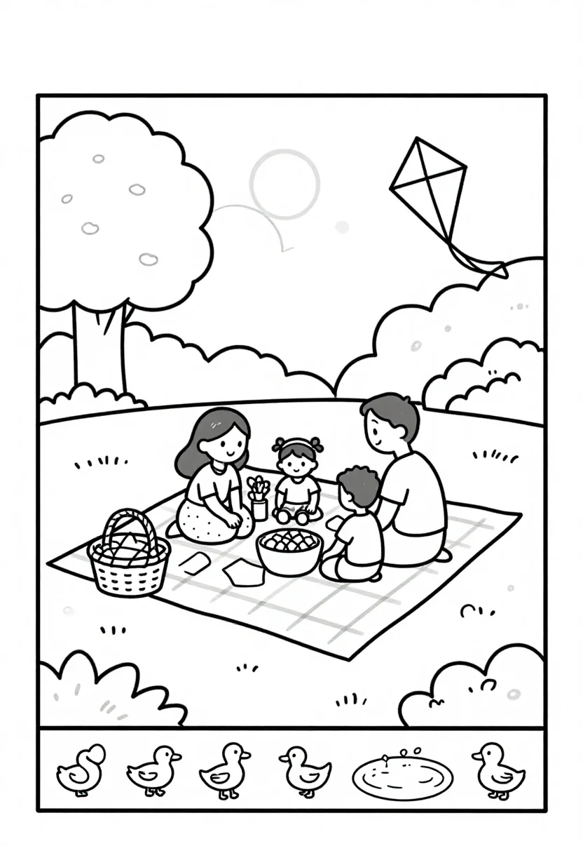 Hidden pictures — a family picnic in a park, with a spread blanket, a wicker basket, a kite and a duck pond, Drawn for a young child: the objects fairly large and near plain sight, bold even outlines, wide areas left open to color