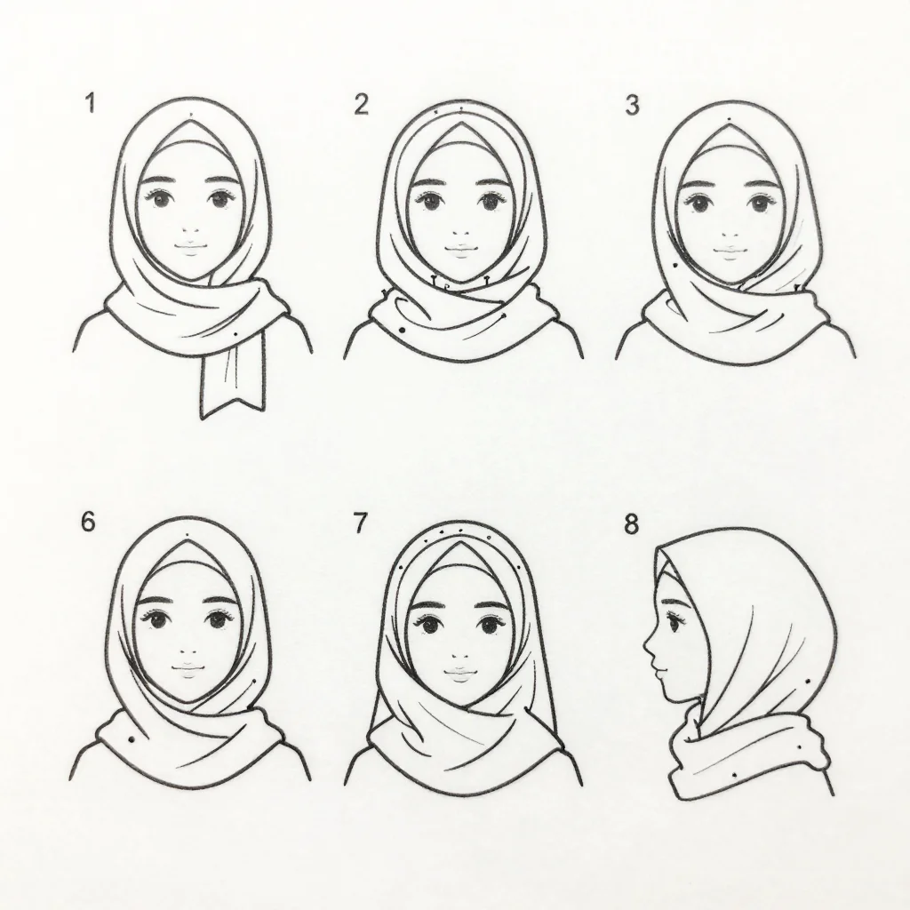 Hijab style charts — six numbered head-and-shoulder drawings "1" to "6": underscarf on, scarf over the head, pinned under the chin, the long side wrapped around, brought over the crown, pinned at the side, technical line art with uniform thin black outlines, the pins as small dots and arrows showing each wrap