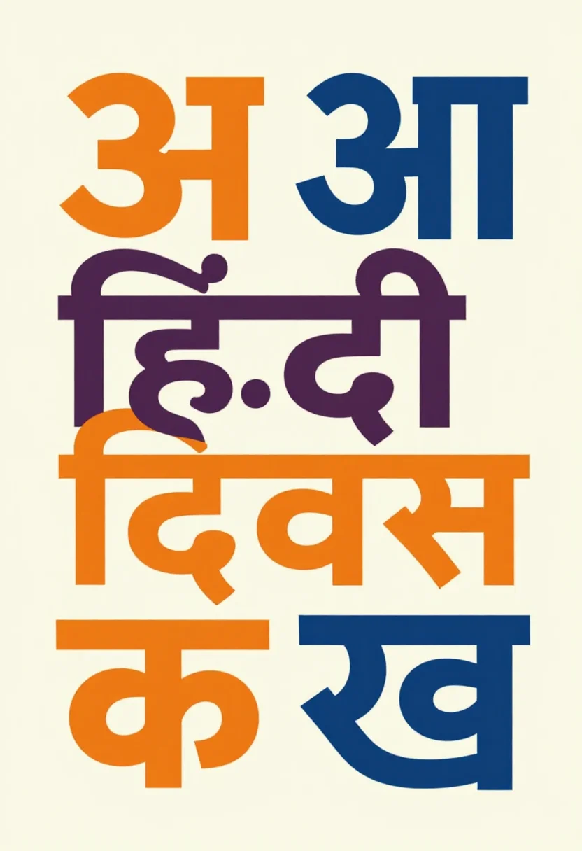 Hindi Diwas posters — a poster of large Devanagari letters "अ", "आ", "क" and "ख" scattered like building blocks, "हिंदी दिवस" lettered large in the middle, flat vector illustration with bold clean shapes, no outlines, smooth gradient-free fills and hard edges, lettering in thick clear letters