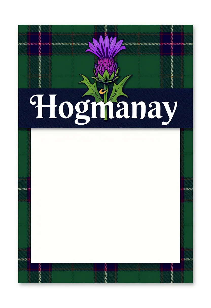 Hogmanay invitations — an invitation with a purple thistle over a band of tartan, "Hogmanay" lettered across the top and an empty panel below for the time and address, a Scottish treatment with a woven tartan band, a drawn thistle and a traditional serif for the lettering