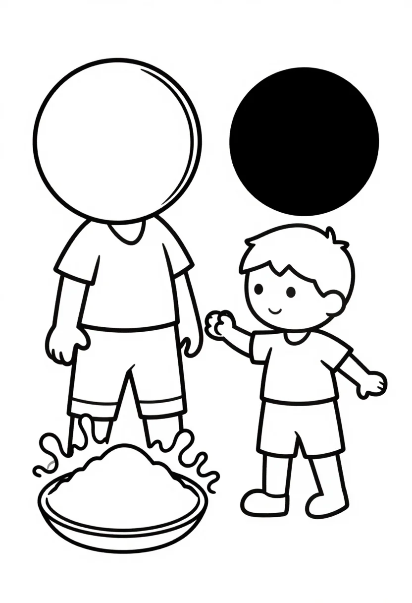 Holi coloring pages — two children with a pichkari and a plate of colour powder, splash shapes round them left open to colour in, drawn for preschoolers with extra-thick uniform outlines and only a few big shapes