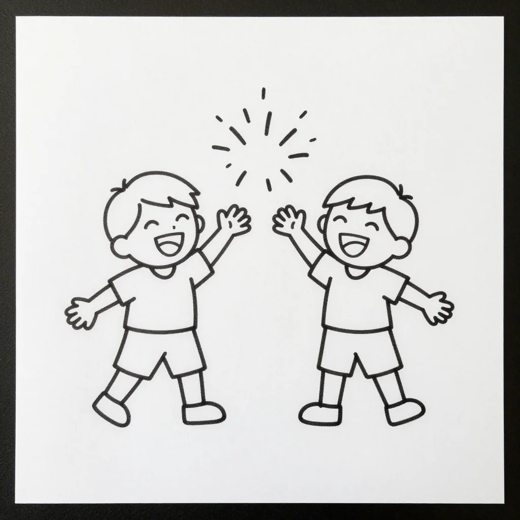 Holi drawings — two children laughing and throwing handfuls of colour at each other, one holding a pichkari, splashes in the air between them, an easy drawing in a clean uniform black outline line with big simple shapes, as a teacher draws it on the board for children to copy