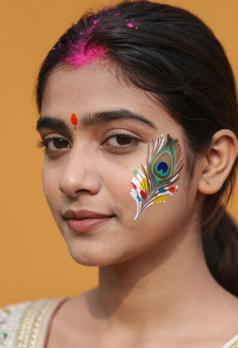 Holi face paint designs — a young woman with a small painted design of colour splashes and a peacock feather on one cheek, a smudge of pink gulal in her hair, crisp face-artist brushwork in creamy water-based face paint, smooth even colour, clean tapered strokes and thin white outlines