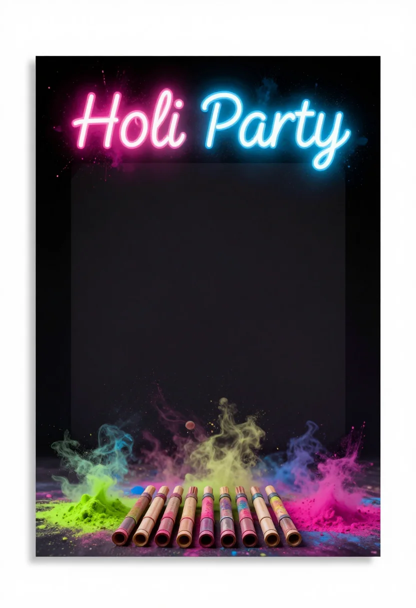 Holi invitations — a vertical invitation headed "Holi Party" over a band of colour splashes, a large empty panel in the middle for date, time and venue, a row of pichkaris at the foot, neon-sign style lettering and glowing powder clouds on a dark ground