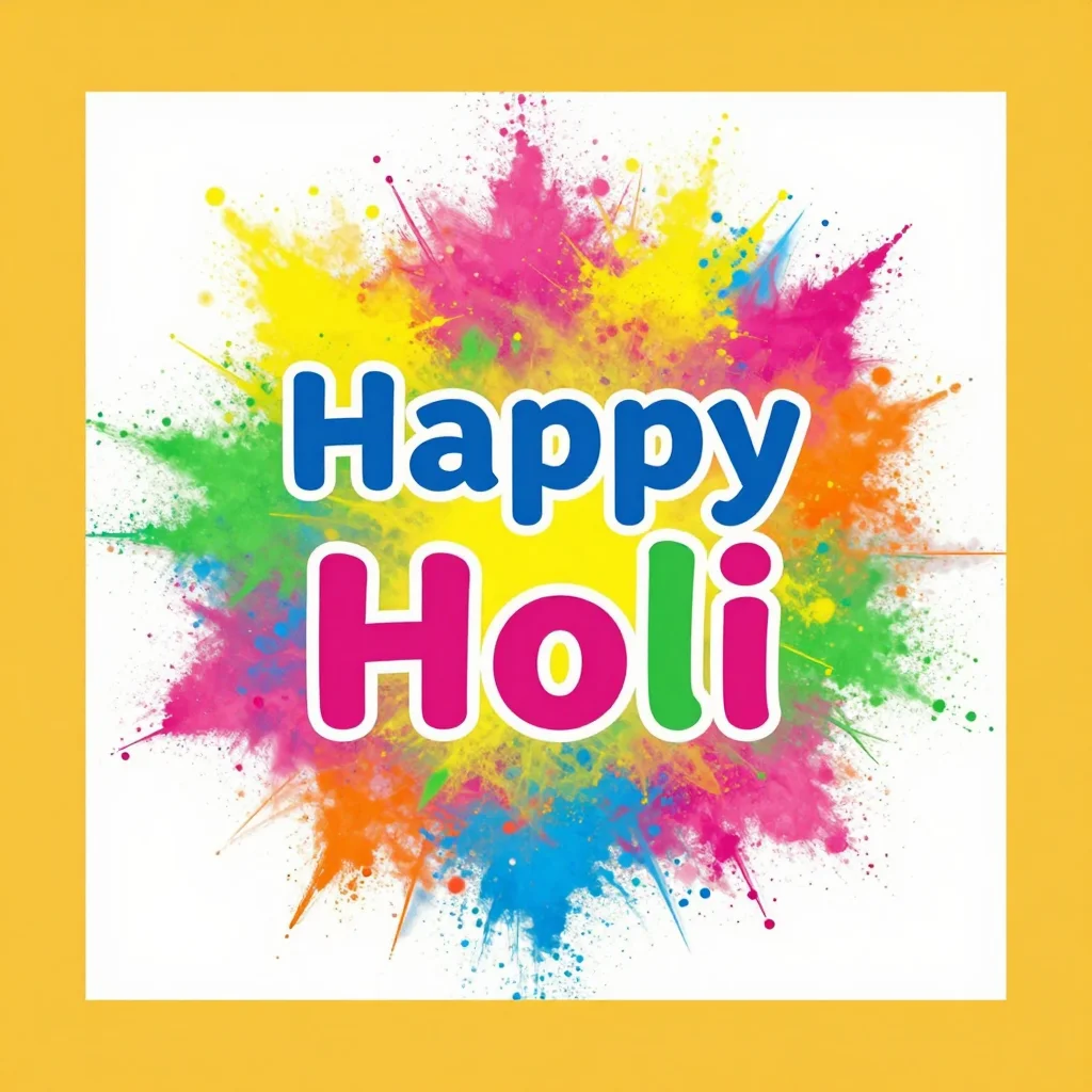 Holi social posts — a square post with "Happy Holi" lettered in the middle of a burst of pink, yellow, green and blue colour powder, a flat graphic design with bold colour powder bursts and soft dusty edges
