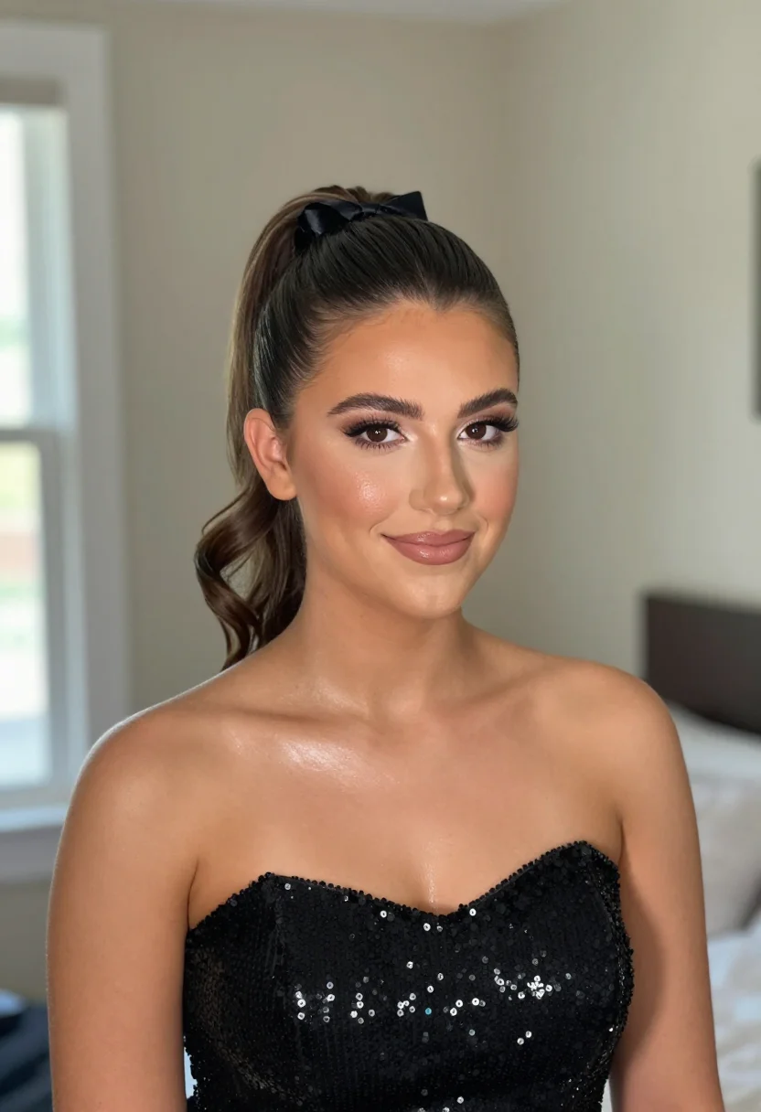 Homecoming hairstyles — a sleek high ponytail with the ends curled, a small satin bow tied at the base and the front hair smoothed back with no parting, getting ready at home in a front three-quarter view, soft window daylight from camera-left, a balance of light with gentle shadow on the far cheek