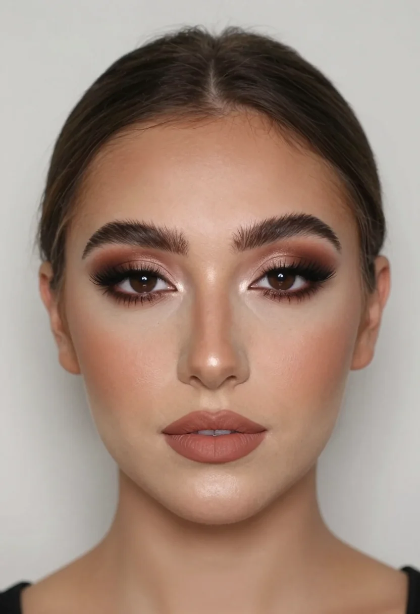 Homecoming makeup — soft glam makeup with a warm brown smoky eye blended into the crease, fluttery lashes, a matte nude-rose lip and a soft highlight on the cheekbones, a beauty close-up with the face straight on, soft even daylight from camera-front, a balance high and clean with only a faint shadow under the jaw