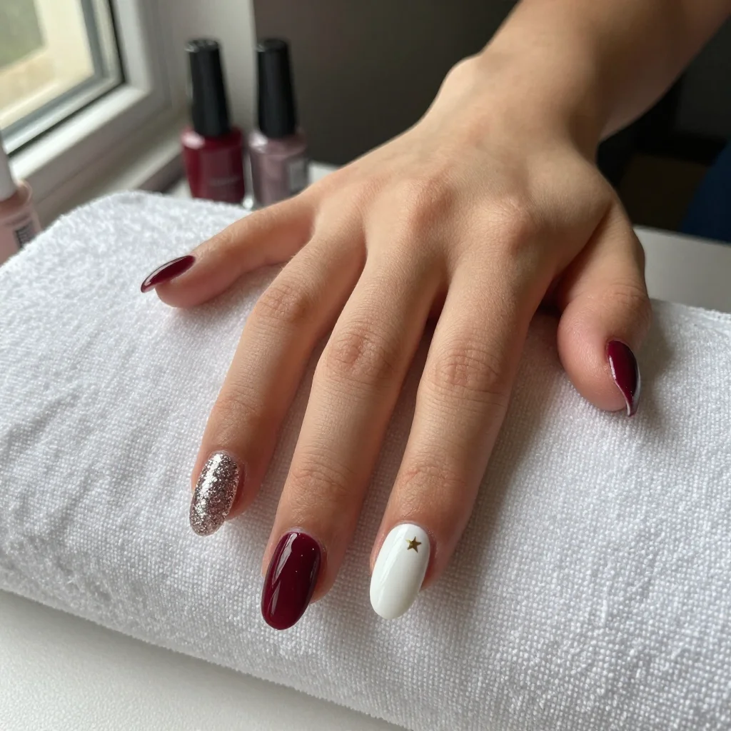 Homecoming nails — medium almond nails alternating between the school's two colors, maroon and white, with one glitter accent nail and a tiny gold star on the ring finger, photographed at the nail salon right after the set, the hand resting flat on a folded white towel, soft window daylight from camera-left, the tonal balance bright with one gentle shadow under the fingers