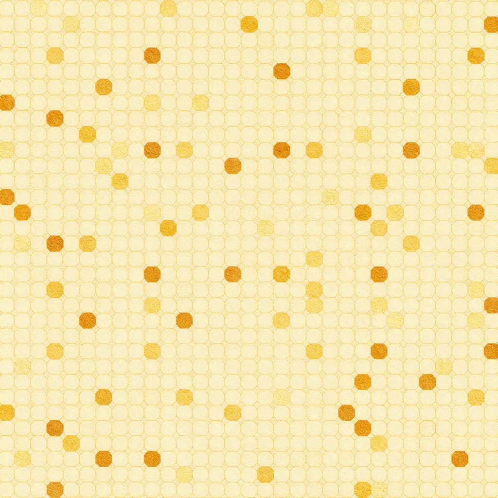 Honeycomb — Hexagons the size of a seed sharing every wall, drawn as a hairline grid with a scatter of cells filled solid, the pattern reading as a fine golden mesh across the frame., hexagon repeat, cells sharing every wall with no gaps possible, the wall drawn at one even width, a scatter of cells filled in a second tone, flat fills with a faint wax sheen