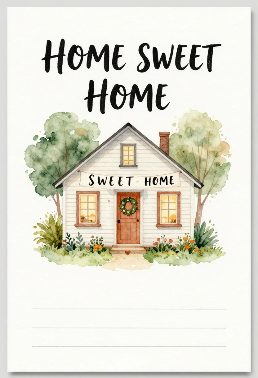 Housewarming cards — a cottage drawn at the centre with a wreath on its door and two lit windows, "HOME SWEET HOME" lettered on a banner across the top and a small heart set on the doorstep, soft watercolor illustration with wet edges and visible paper grain, the words in a loose hand-lettered script