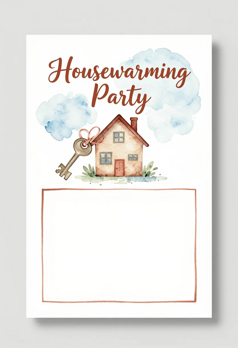 Housewarming invitations — a vertical invitation card titled "Housewarming Party" with a small house and a large key tied with a ribbon, and a blank panel for the address, the date and the time, a gentle watercolor treatment with loose washes and hand lettering