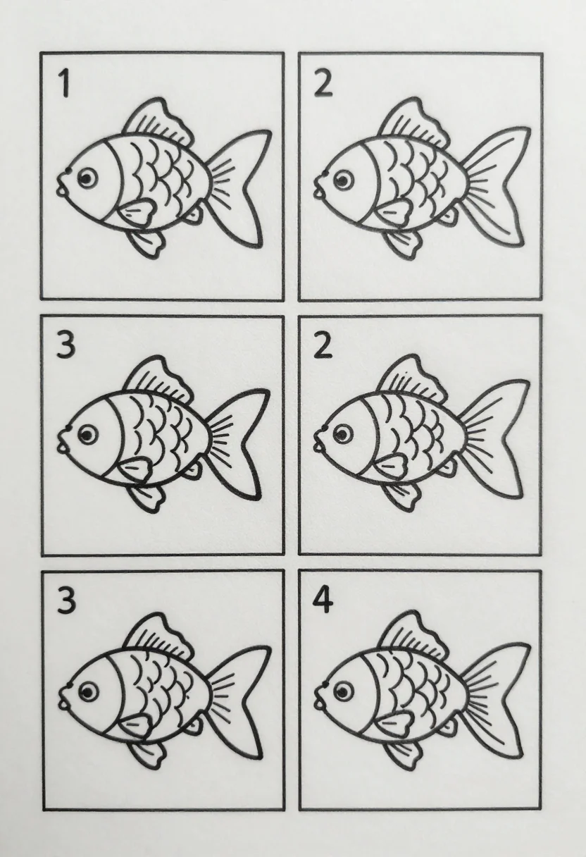How to draw fish — a four-panel step sheet drawing a goldfish, a round body, a big flowing tail, the fins and rows of scales, the numbers "1" to "4" in the box corners, clean uniform black outline, every panel adds new lines to the panel before and the last box holds the finished drawing