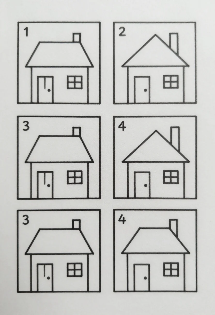 How to draw houses — a four-panel step sheet drawing a simple house, a square and a triangle roof, a door, two windows and a chimney, the numbers "1" to "4" in the box corners, clean uniform black outline, every panel adds new lines to the panel before and the last box holds the finished drawing