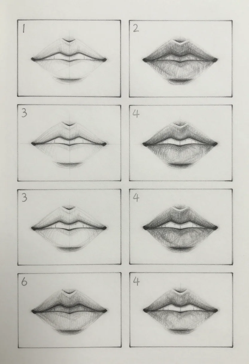 How to draw lips — a four-panel step sheet drawing closed lips from the front, a center line, the Cupid's bow of the upper lip, the fuller lower lip and soft shading, the numbers "1" to "4" in the box corners, graphite pencil sketchbook style, faint construction lines in the early boxes darkening to a confident outline, soft hatched shading only in the final box