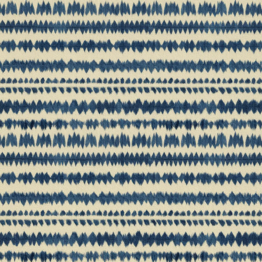 Ikat — Small stepped motifs a few millimetres across in ranked rows, every edge feathered into the ground by a thread or two of bleed, the registration wandering slightly from row to row., ikat repeat, stepped motifs whose edges comb into feathery teeth where the dyed warp sits out of register, the weave visible under the dye, the registration wandering slightly, deep natural dye with a long feathered edge