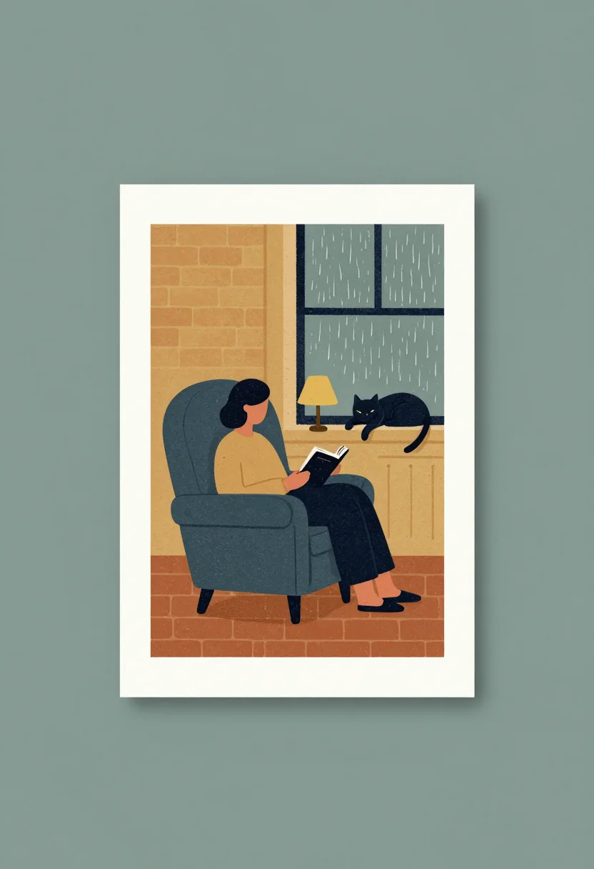 Illustration prints — a person curled sideways in a deep armchair with a book, a lamp lit beside them, a cat asleep on the armrest and rain on the window, the figure left featureless, a flat editorial illustration, simplified shapes with no outlines and a light print grain
