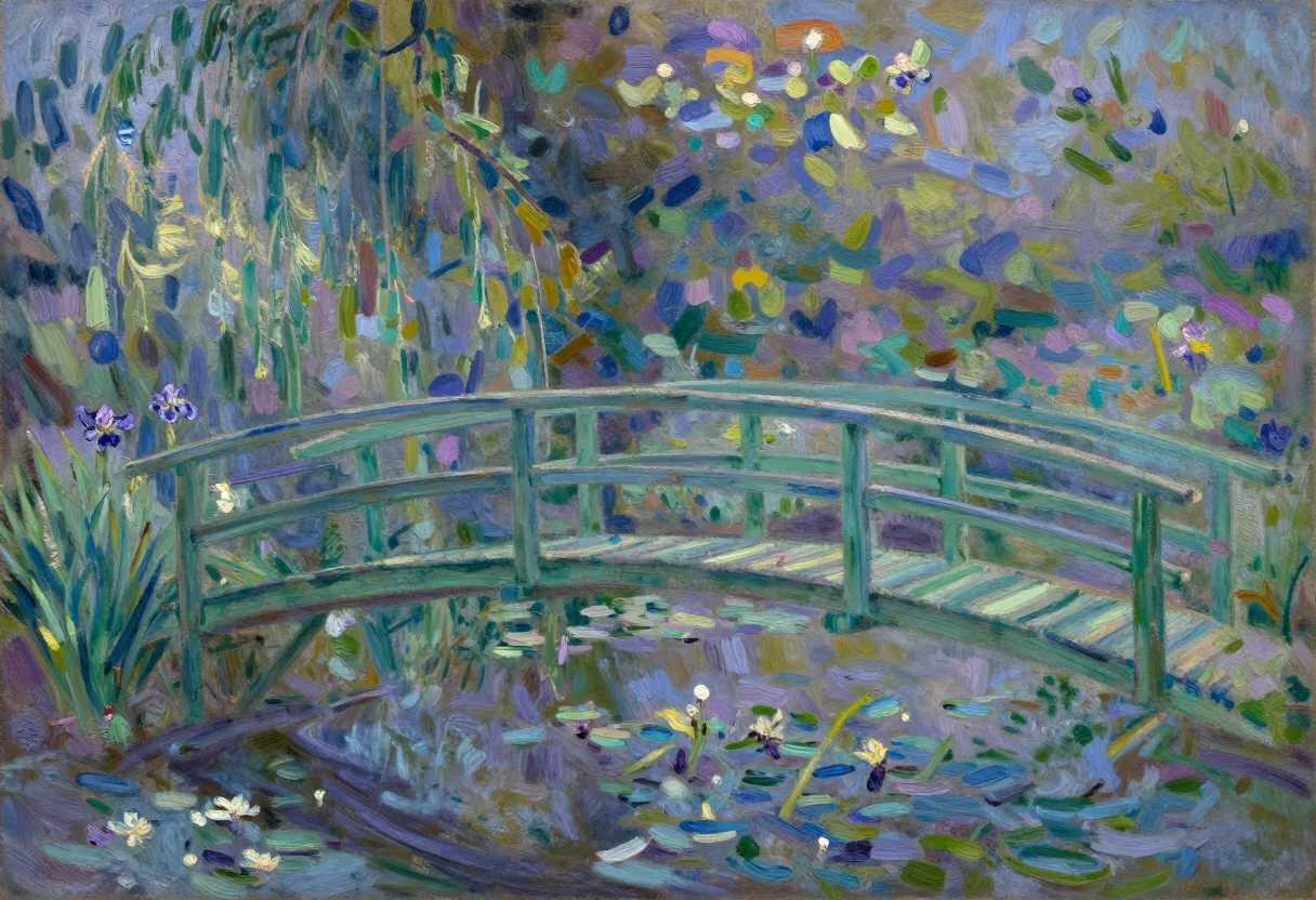 Impressionism — a green wooden footbridge arching over a pond of water lilies, willows trailing into the water and irises on the near bank, the sky broken into patches between the pads, painted in the hand of Claude Monet, thick comma strokes of broken colour, atmospheric haze, forms dissolving at their edges
