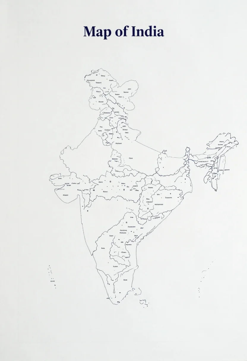 India state maps — a blank political outline map of India with the borders of the 28 states and 8 union territories drawn as thin lines, Jammu and Kashmir and Ladakh in the north, the Andaman and Nicobar and Lakshadweep islands shown, no names, a clean school atlas print with thin even outlines and small neat labels