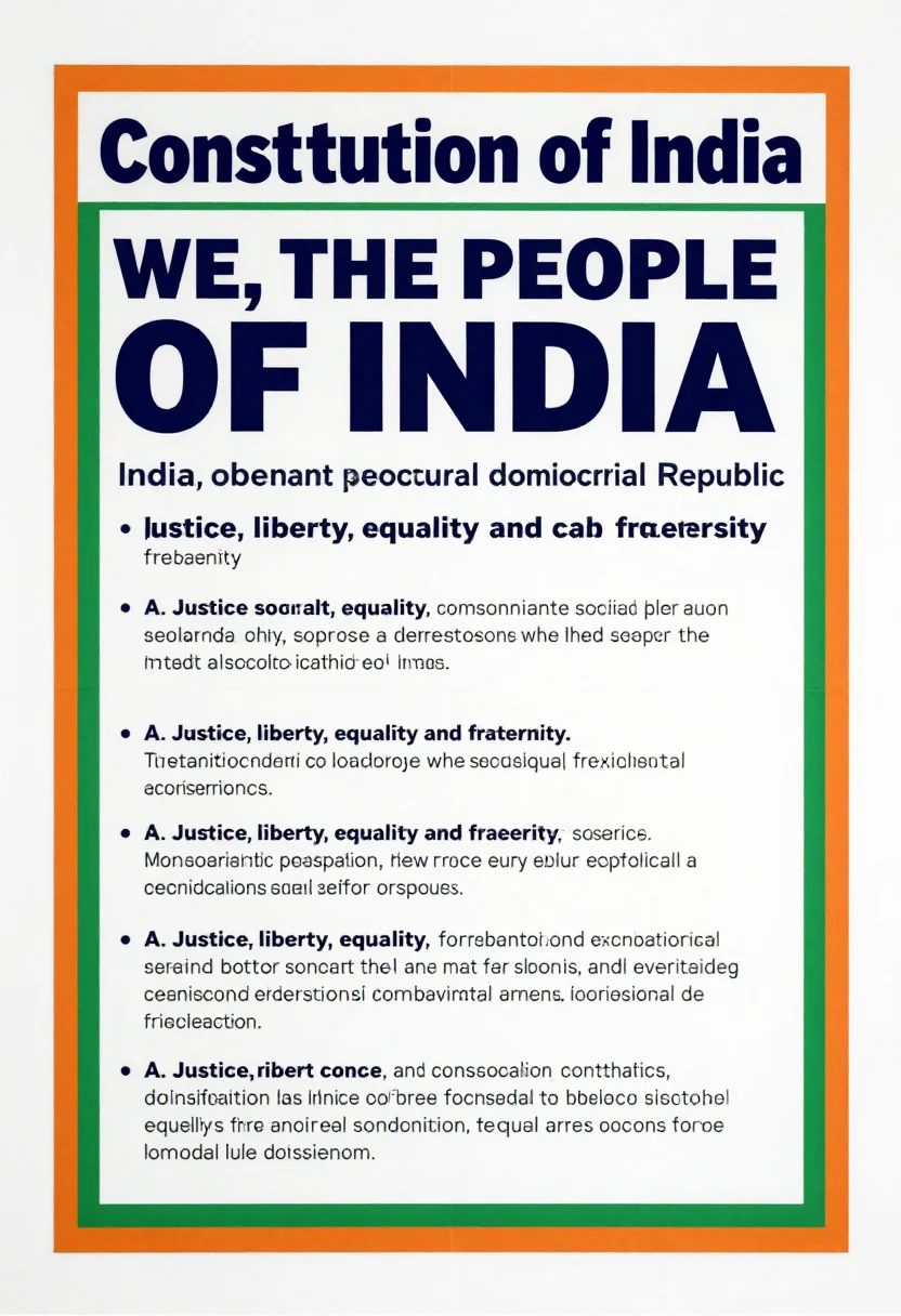 Indian Constitution charts — the Preamble of the Constitution of India as a poster, opening "WE, THE PEOPLE OF INDIA" and naming India a sovereign socialist secular democratic republic, with justice, liberty, equality and fraternity set as the four headings beneath, a bold classroom wall poster with thick borders, large headings and flat fills