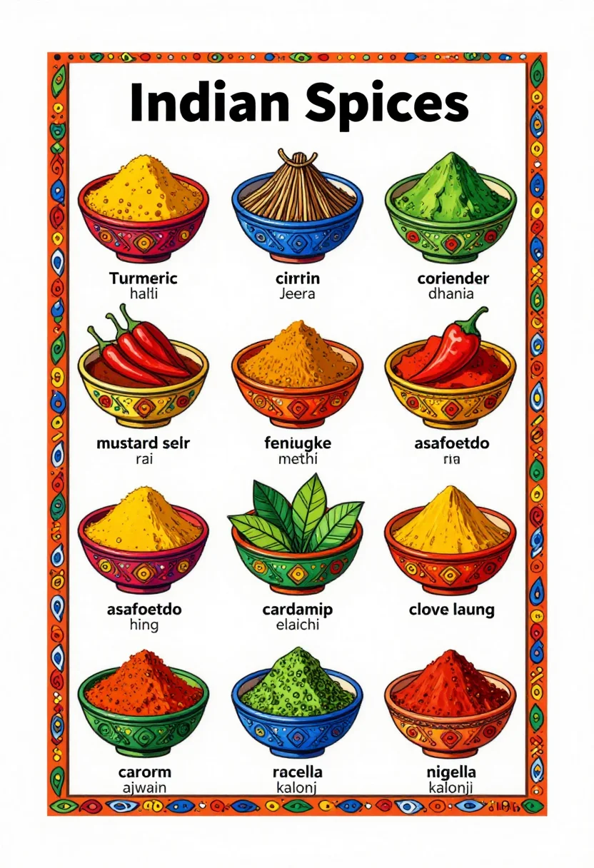 Indian spice charts — a grid of sixteen Indian spices each drawn in a small bowl with its English name and Hindi name below, turmeric haldi, cumin jeera, coriander dhania, mustard seed rai, fenugreek methi, asafoetida hing, cardamom elaichi, clove laung, carom ajwain, nigella kalonji, a bright Indian folk-art print with bold outlines and paisley borders