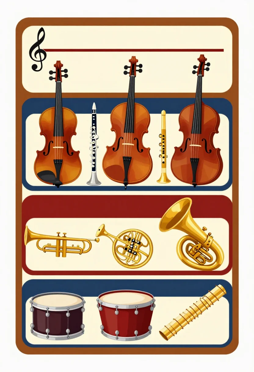 Instrument posters — four horizontal bands, each holding three drawn instruments — a violin, a cello and a double bass; a flute, a clarinet and a bassoon; a trumpet, a French horn and a tuba; a snare drum, timpani and a xylophone — with a blank band heading every row and a treble clef in the empty title band, a bold flat classroom poster, clean shapes with thick even outlines and smooth gradient-free fills