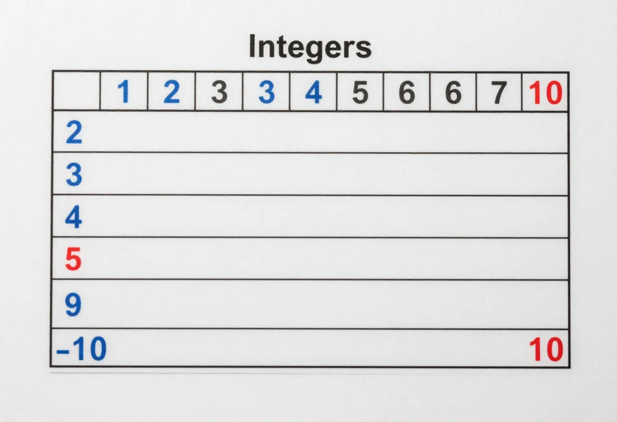 Integer number lines — a number line headed "Integers" running from "−10" to "10" with zero marked at the centre, the negative numbers in blue and the positive numbers in red, a crisp black-and-white school worksheet, clean uniform black lines, tidy sans-serif lettering, ruled boxes and any pictures as simple line drawings