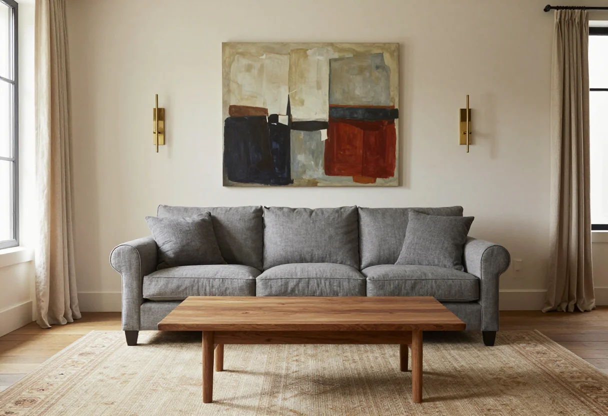 Interior design — a living room that mixes a rolled-arm sofa in grey linen with a clean-lined walnut coffee table, a traditional patterned rug beneath a pair of brass wall sconces, cream walls, one large abstract canvas and tall windows in simple linen drapes, photographed on a wide lens with honest material detail — linen weave, oak grain, hand-troweled plaster, wool pile