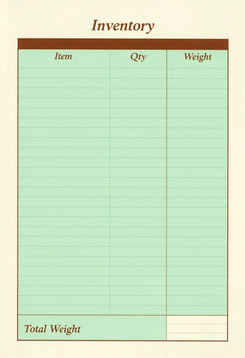 Inventory sheets — a page titled "Inventory" with a ruled table of empty rows and columns headed "Item", "Qty" and "Weight", and a box at the foot labelled "Total Weight", a merchant's ledger page with pale green ruled columns, a leather-brown heading band and neat copperplate lettering