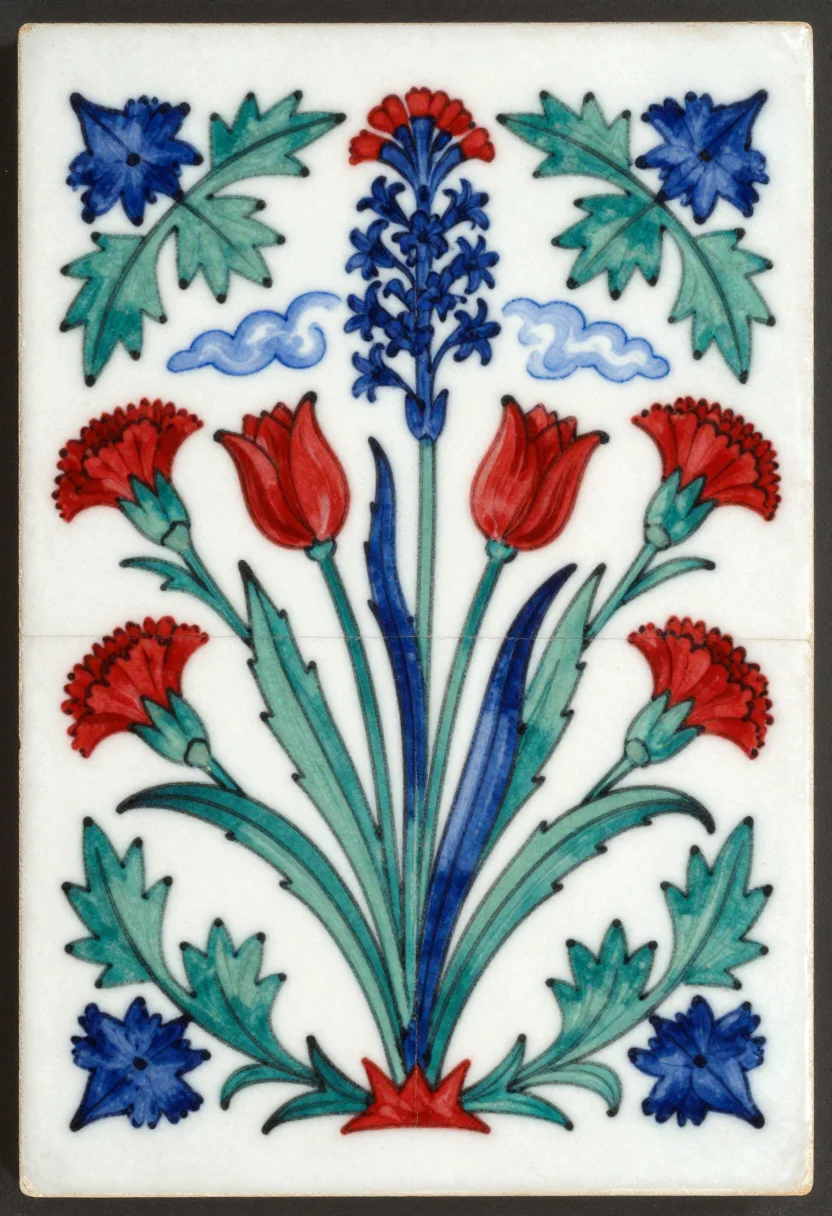 Iznik — A symmetrical spray rising from a small tuft: long serrated saz leaves curving across the field, tulips, carnations and hyacinths on fine stems, a cloud band threading behind them, everything outlined in black on a white ground., Iznik underglaze painting, black outline filled with flat colour under a thick clear glaze, the red raised above the surface