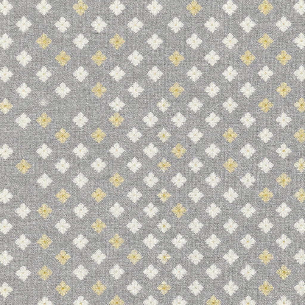 Jamdani — Small diamond-shaped flowers in a close diagonal lattice across fine grey muslin, each built from a few floats of untwisted white cotton, the ground visible through the weave between them, the figures softer at the edges than the warp lines., discontinuous supplementary weft worked by hand into fine cotton muslin, the motifs floated not printed