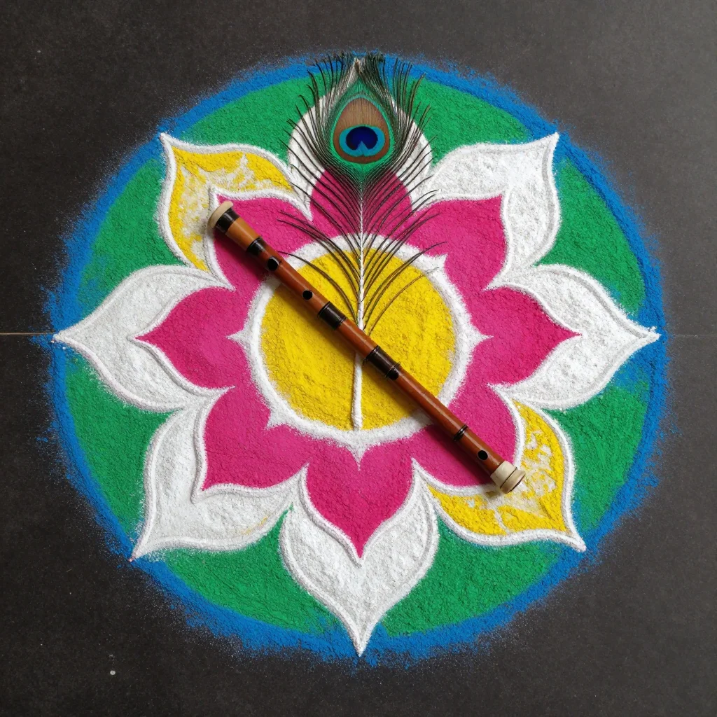 Janmashtami rangoli — a round rangoli with a bansuri laid across a peacock feather at the centre, a ring of lotus petals around them, laid in fine rangoli powder, smooth flat colour fields parted by thin white lines, soft grainy edges