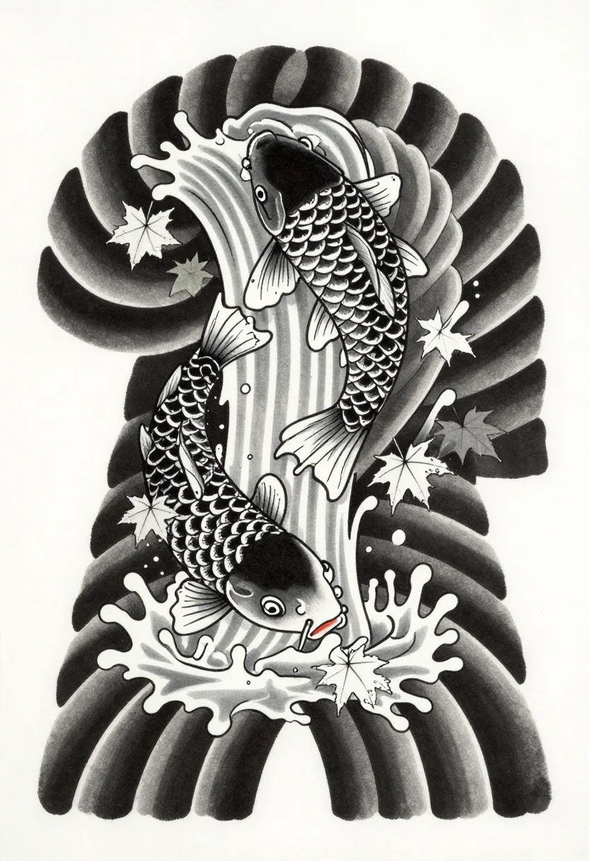 Japanese irezumi — a koi climbing a waterfall, every scale drawn separately, the water breaking into curls around its body and maple leaves falling past, traditional black-and-grey work, heavy outlines with graded grey wash in the folds and the background bars softened back