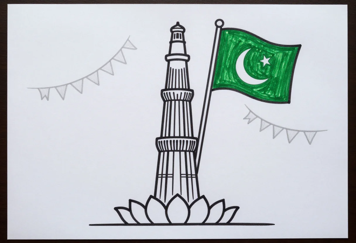Jashn-e-Azadi drawings — Minar-e-Pakistan with its tall fluted tower and flower-shaped base, the national flag flying beside it and small buntings across the sky, an easy drawing for children in thick uniform black marker outlines and simple rounded shapes, every shape left open to colour, no shading