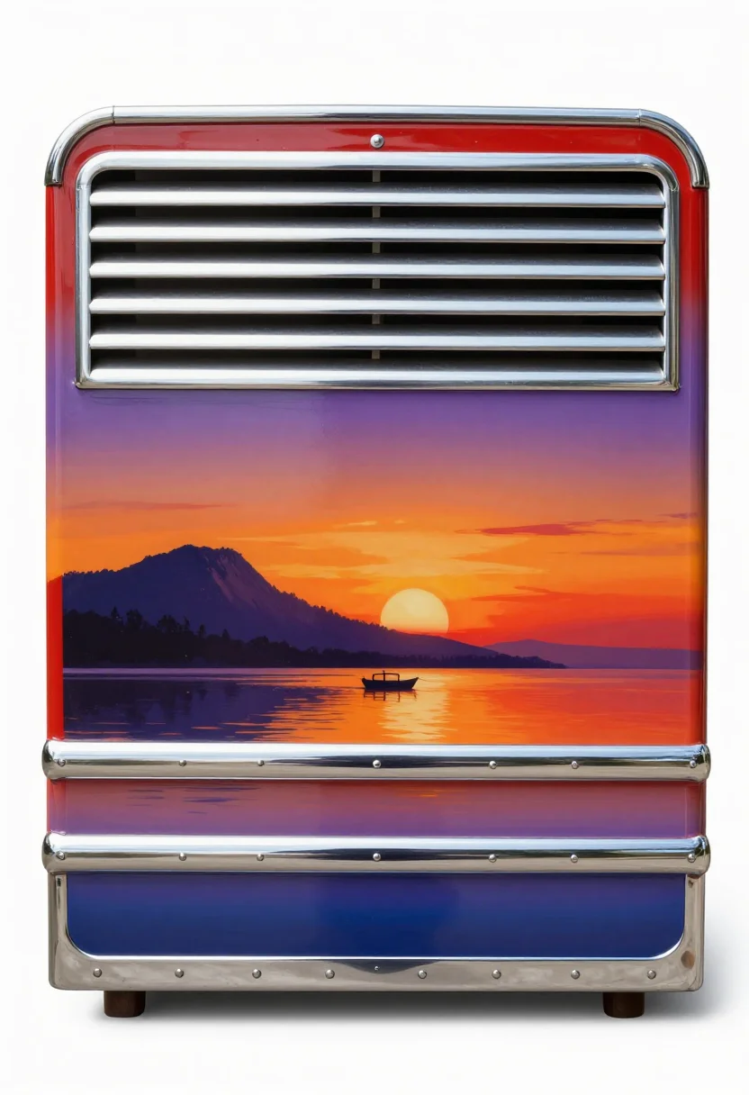 Jeepney art — A side panel airbrushed in gradients: a mountain and a bay at sunset with a small boat, a wide chrome strip studded with rivets below it, a row of stainless louvres above, everything reflecting a hard noon light., jeepney panel airbrushing, smooth colour gradients with hard masked edges and white highlight flicks, high gloss