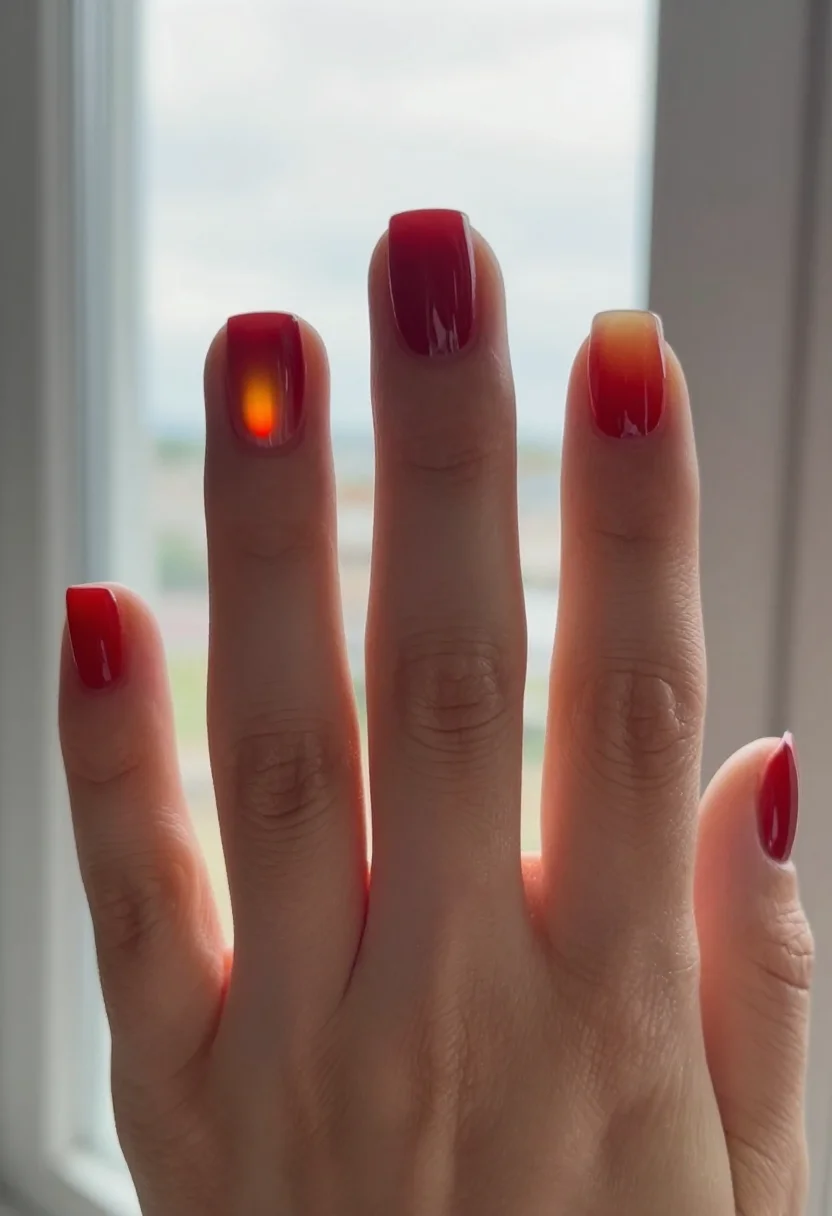 Jelly nails — short round nails in a translucent red jelly gel with the nail tip showing through like candy, held up toward a bright window with daylight from behind passing through the gel, a bright backlit balance so each nail glows like coloured glass